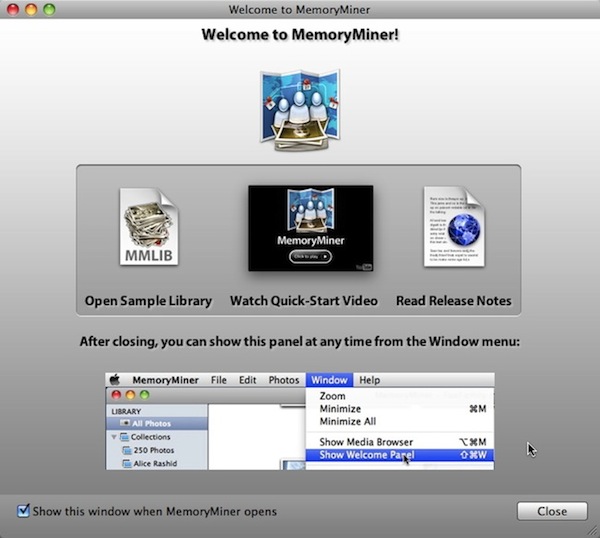 MemoryMiner Welcome Panel